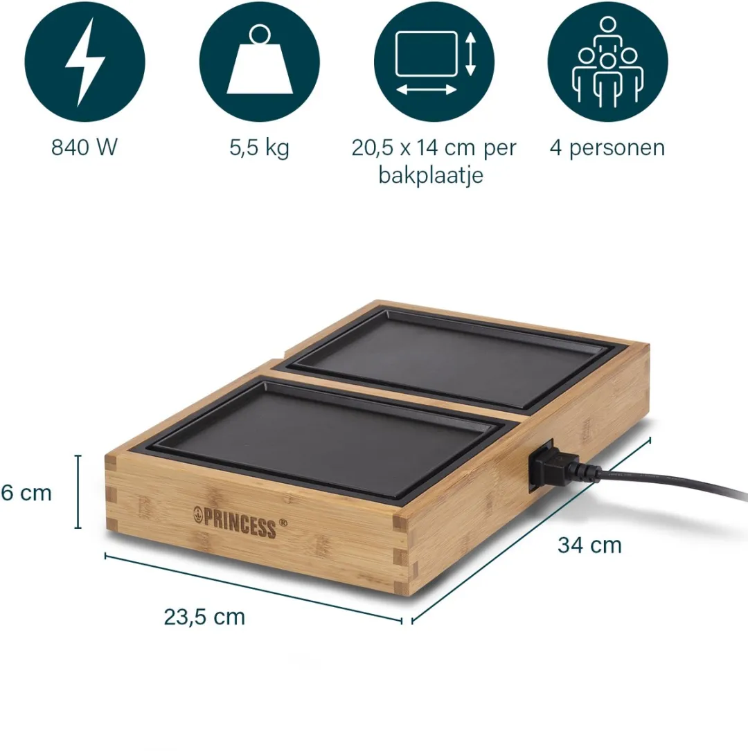 Princess Dinner4all Pure 104040 Teppanyaki Grillset - 840W - 4 Personen - Bamboe