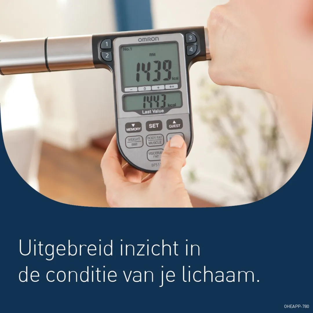 OMRON BF511 weegschaal met 8 sensoren voor het meten van lichaamscompositie, BMI en vetpercentage. Ideaal als weegschaal voor personen, volwassenen en kinderen (+6 jaar) - Blauw