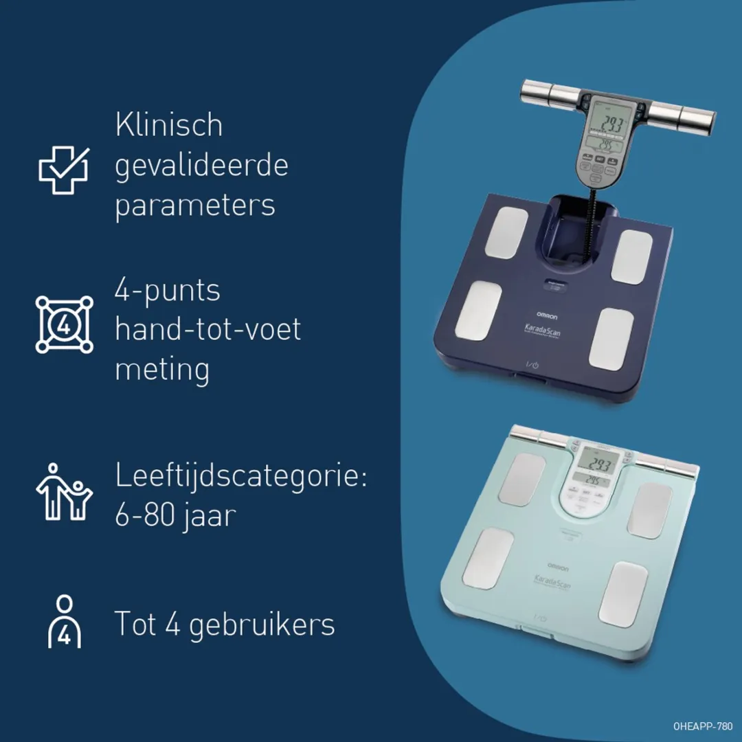 OMRON BF511 weegschaal met 8 sensoren voor het meten van lichaamscompositie, BMI en vetpercentage. Ideaal als weegschaal voor personen, volwassenen en kinderen (+6 jaar) - Blauw