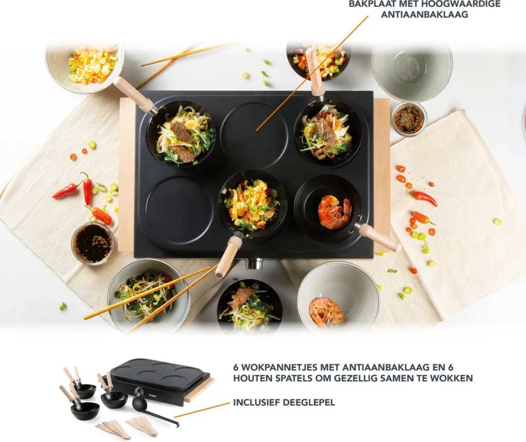 Domo DO8716W Wok Party Set 6-delig - 1000W - Hout
