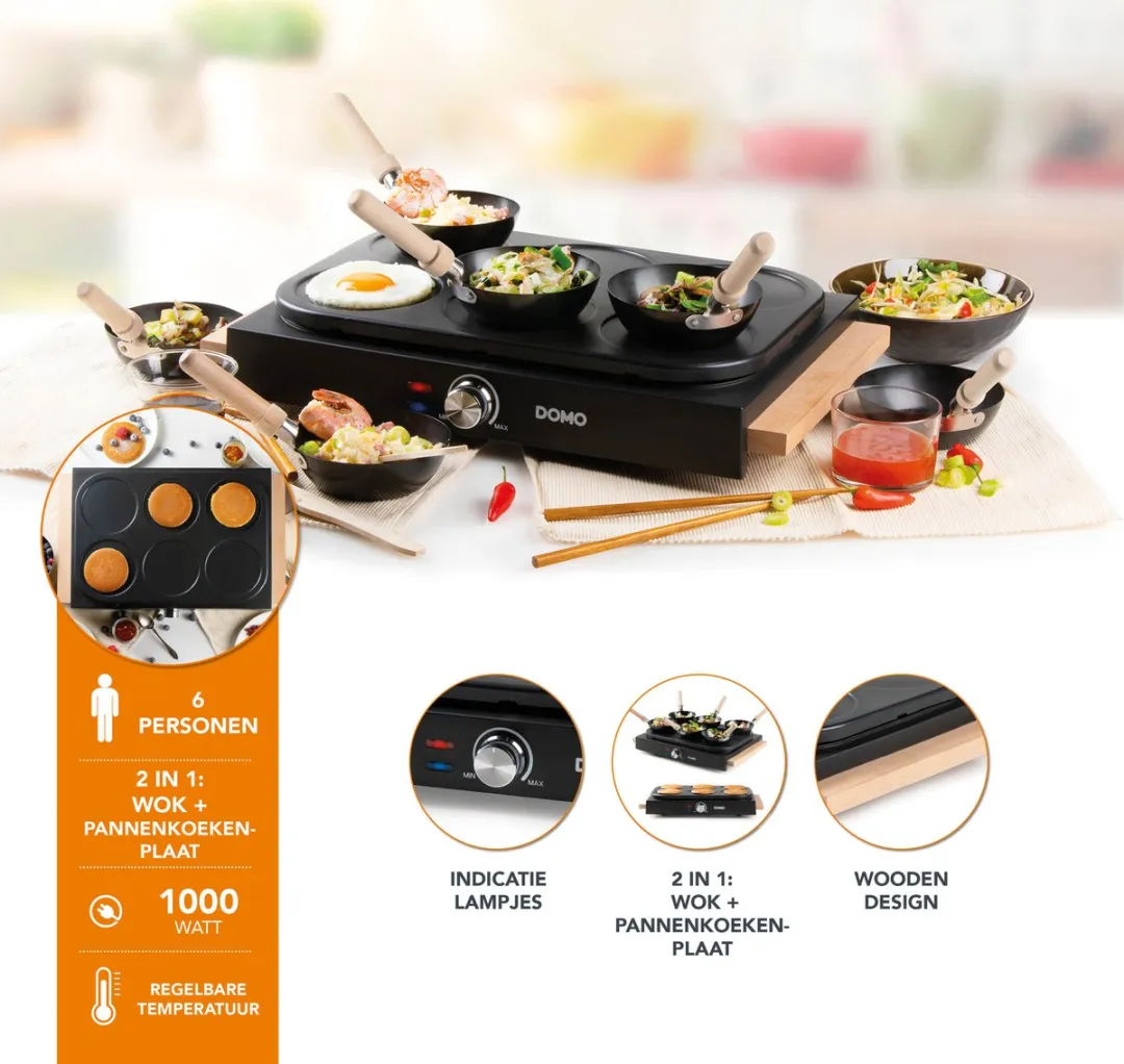 Domo DO8716W Wok Party Set 6-delig - 1000W - Hout
