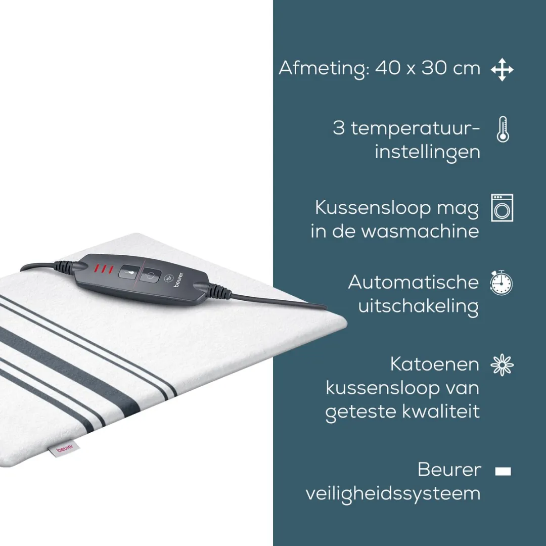Beurer HK 26 Elektrisch Warmtekussen 40x30cm - 3 Warmtestanden - Wit/Zwarte lijnen