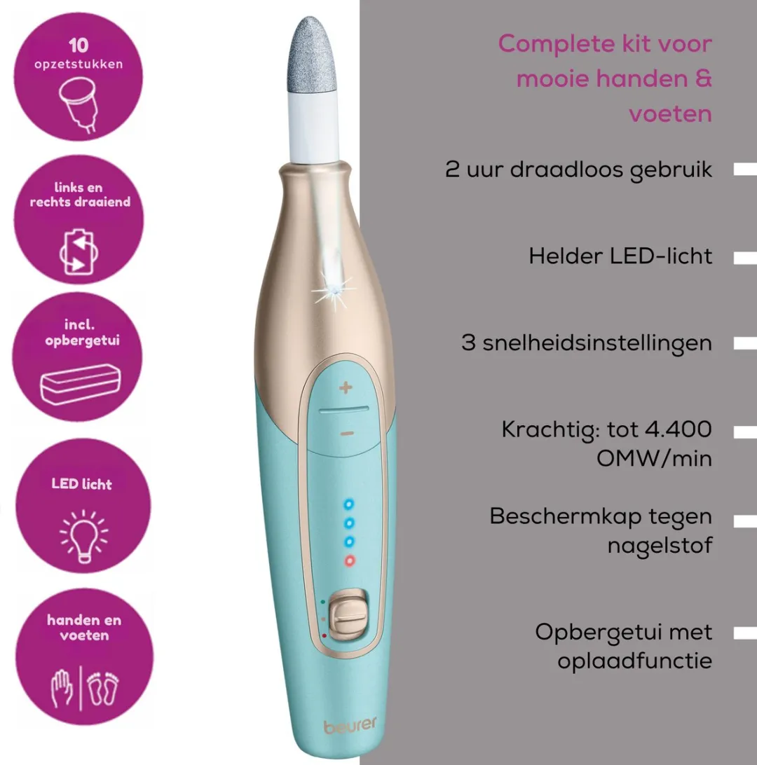 Beurer MP 84 Nagelvijl Premium - 10 Opzetstukken - Draadloos - Turquoise