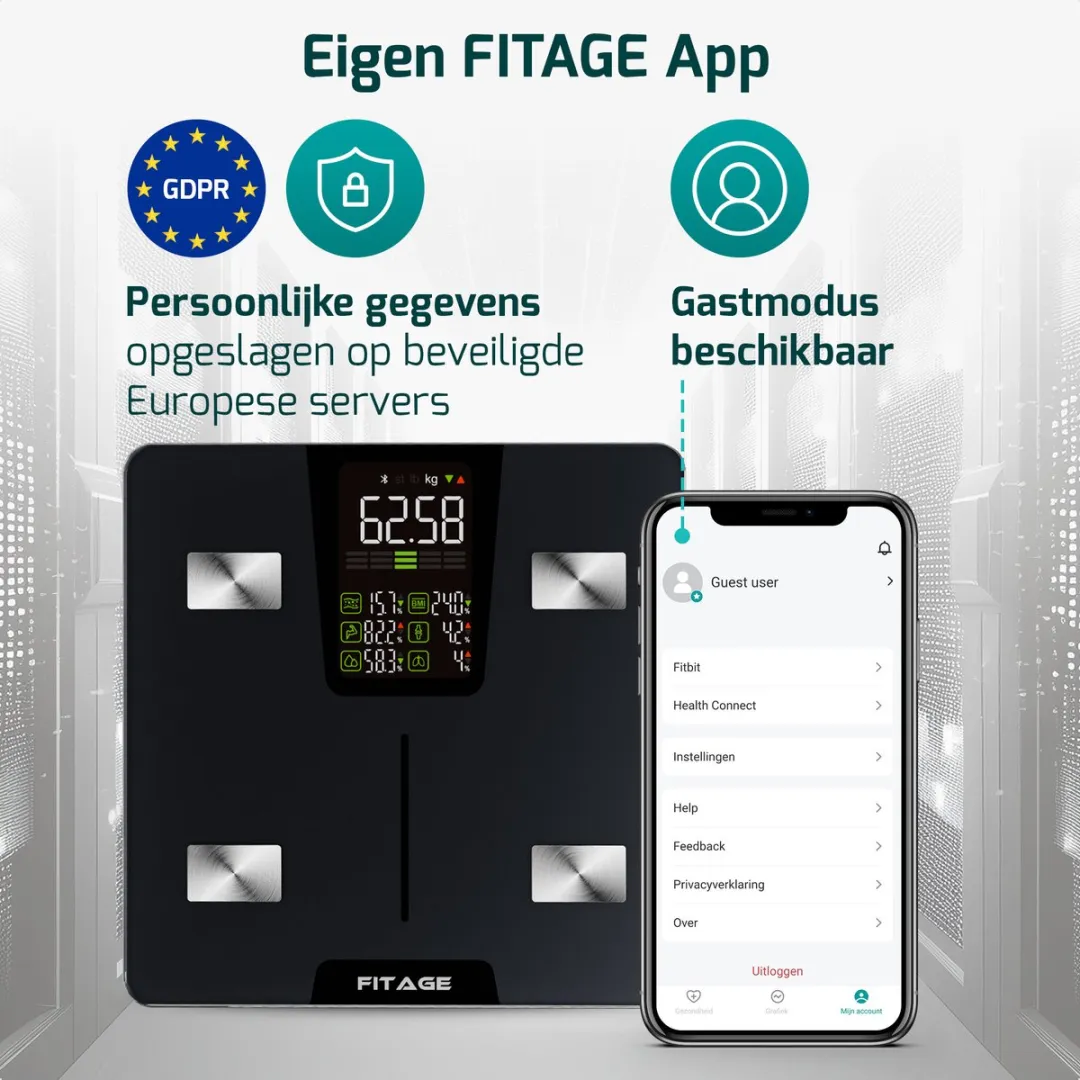 FITAGE Personenweegschaal 225kg - 17x Lichaamsanalyse - Zwart