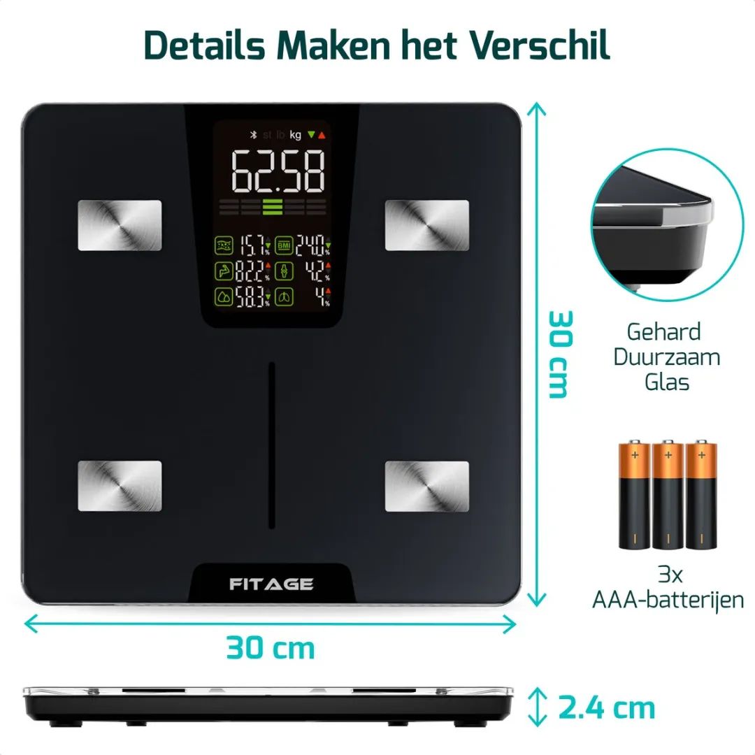 FITAGE Personenweegschaal 225kg - 17x Lichaamsanalyse - Zwart