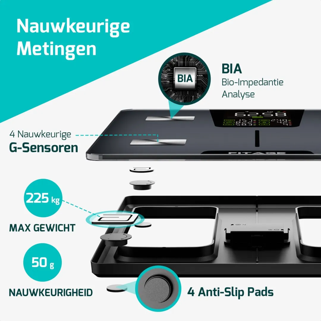FITAGE Personenweegschaal 225kg - 17x Lichaamsanalyse - Zwart