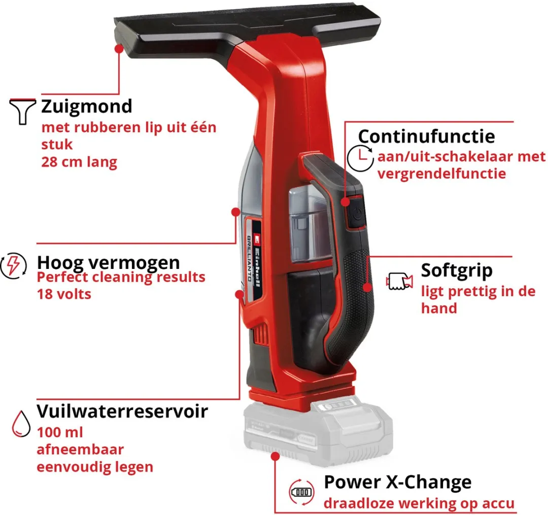 Einhell Accu Ruitenreiniger BRILLIANTO Li Solo 18V - 28cm - Rood/Zwart