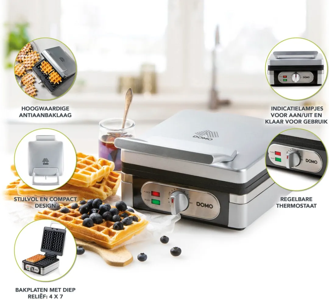 Domo DO9047W Wafelmaker - 1400W - 2 Platen - Zilver