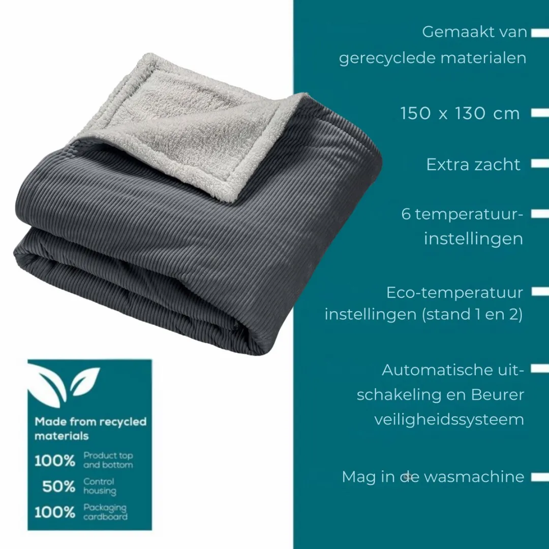 Beurer Premium Elektrische Deken 1 persoons 180x130cm - BSS - Grijs