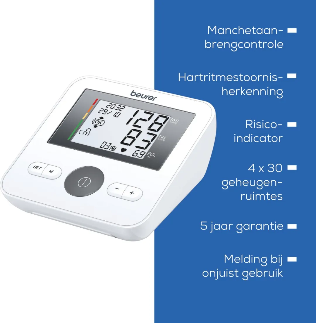 Beurer BM 27 Basic Bloeddrukmeter bovenarm - Aanbevolen door Hartstichting - Onregelmatige hartslag - Risico-indicator - Manchet-aanbreng controle - Manchet 22 tot 42 cm - Klinisch gevalideerd - Digitale Bloeddrukpas - 5 Jaar garantie