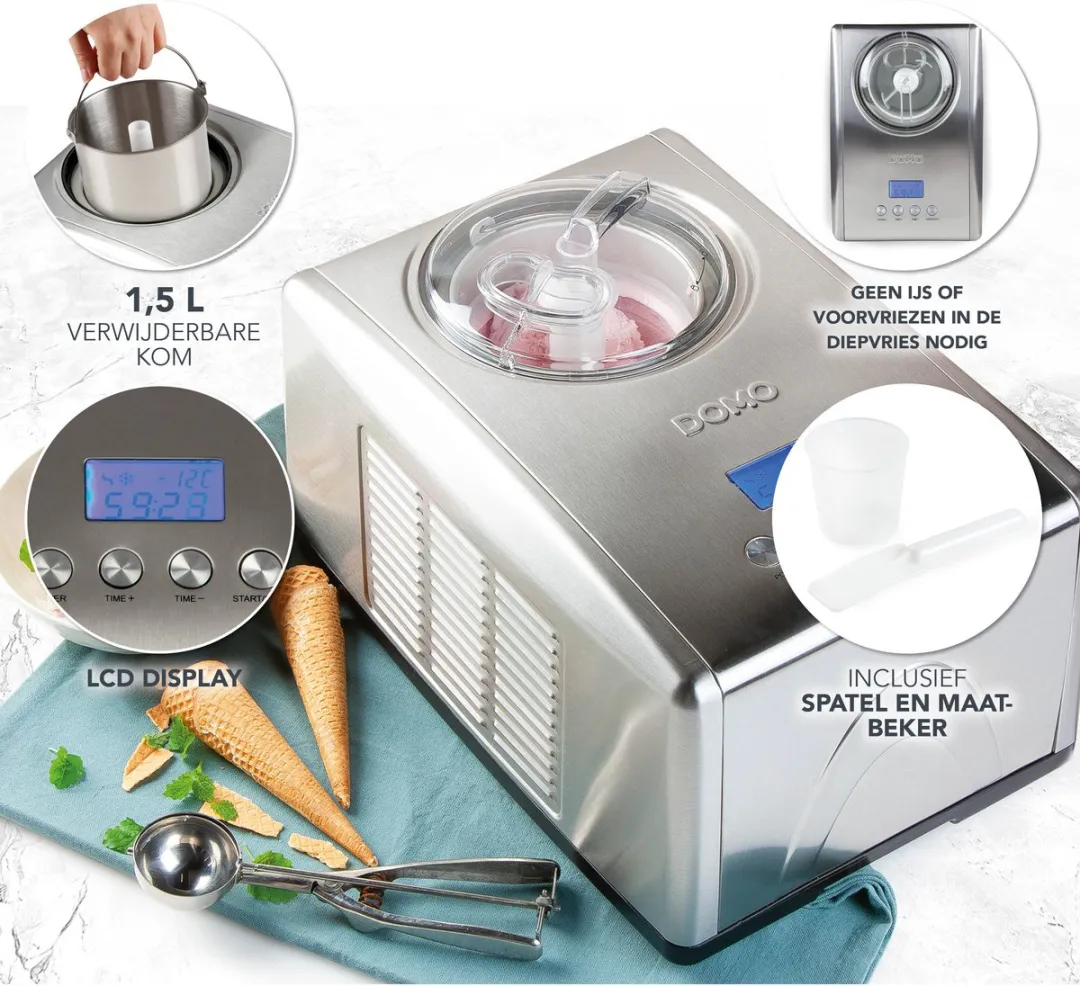 Domo DO9066I IJsmachine 1,5L - 3 Programma's - 180W - RVS
