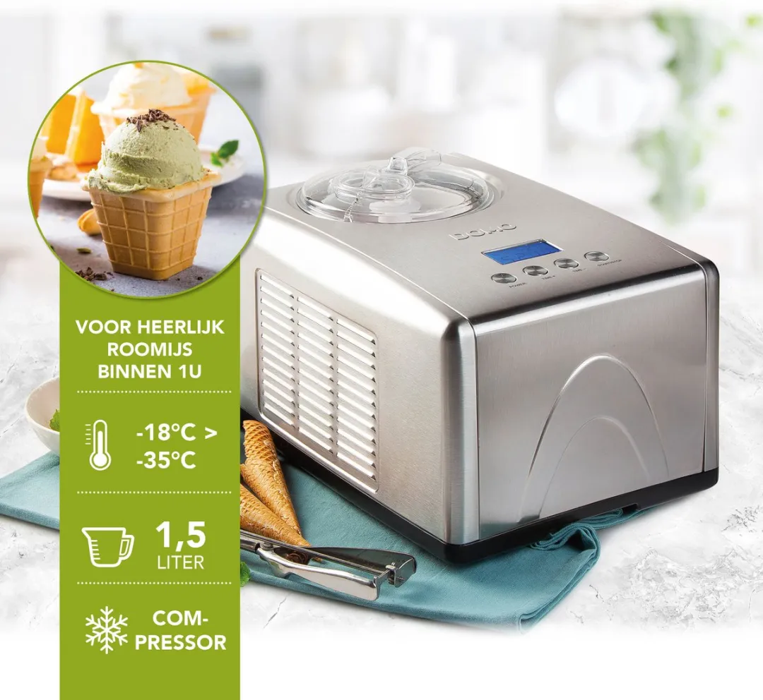 Domo DO9066I IJsmachine 1,5L - 3 Programma's - 180W - RVS