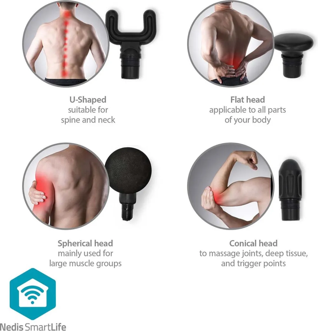 Nedis SmartLife BTHMSG10GY Mini Massagepistool - 4 Koppen - Donkergrijs