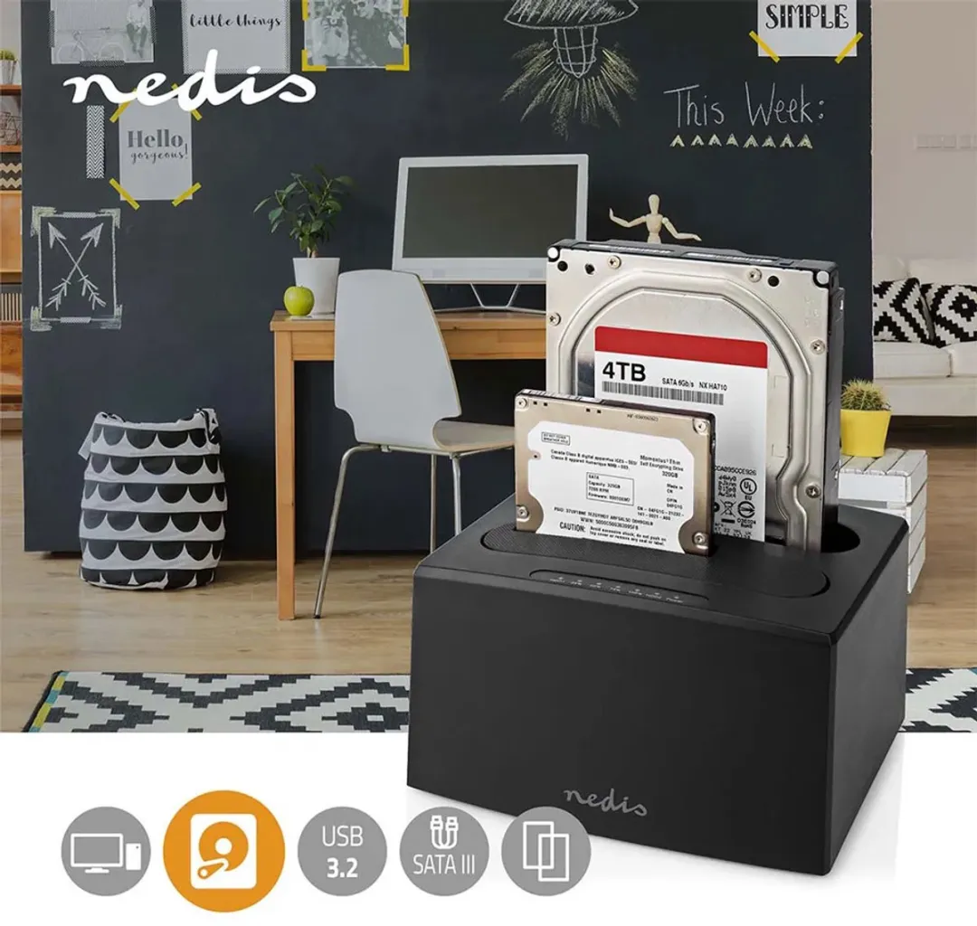 Nedis HDDUDB3210BK Dual-Bay Docking Station - 2x 2.5/3.5" HDD/SSD - Zwart