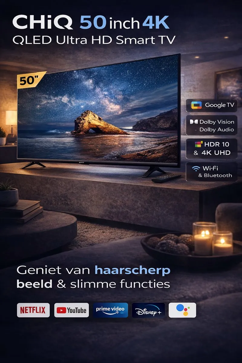 CHiQ U50QM10E 50 inch QLED 4K Smart TV - Dolby Vision & Audio - Zwart - afbeelding 6 van 6