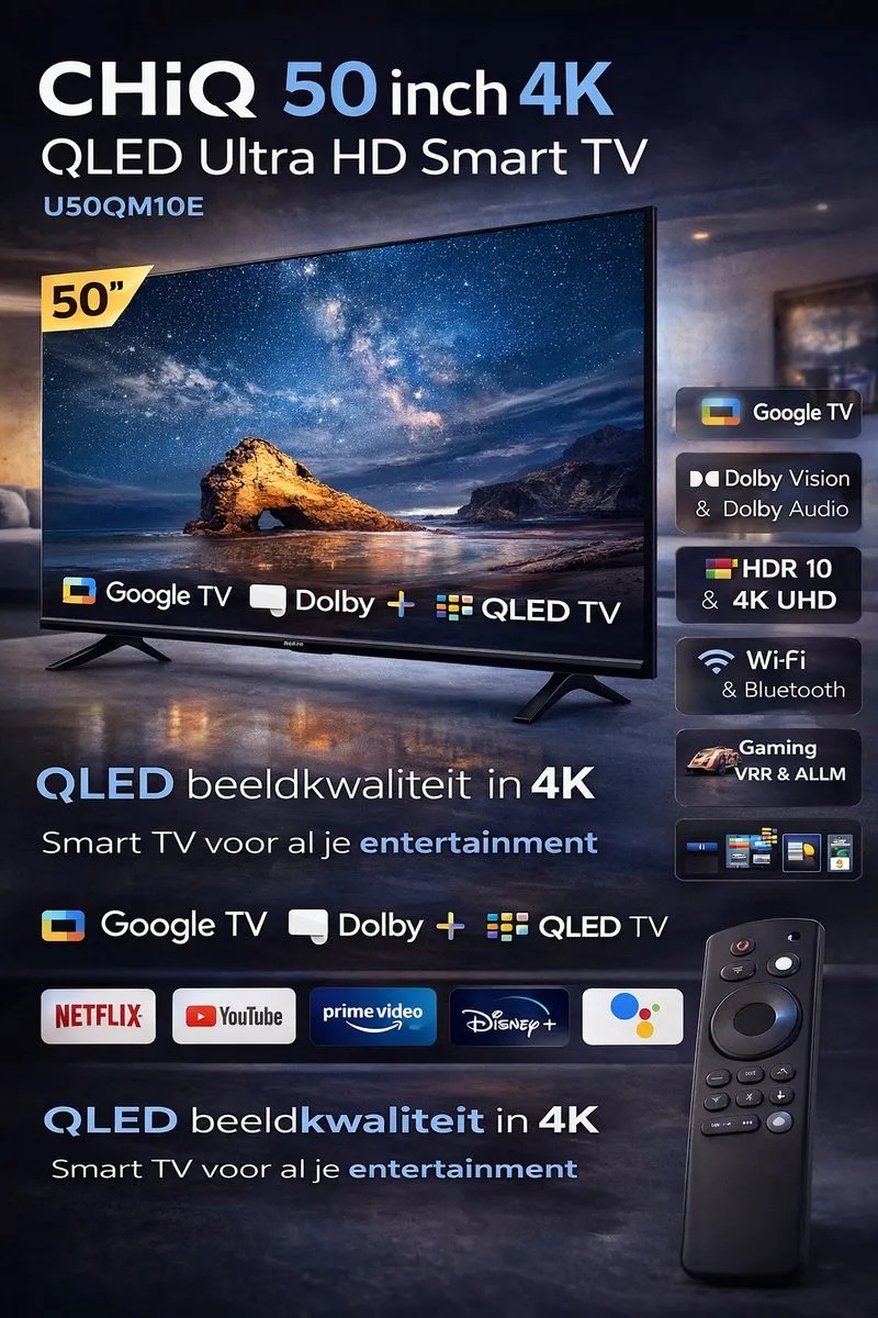 CHiQ U50QM10E 50 inch QLED 4K Smart TV - Dolby Vision & Audio - Zwart