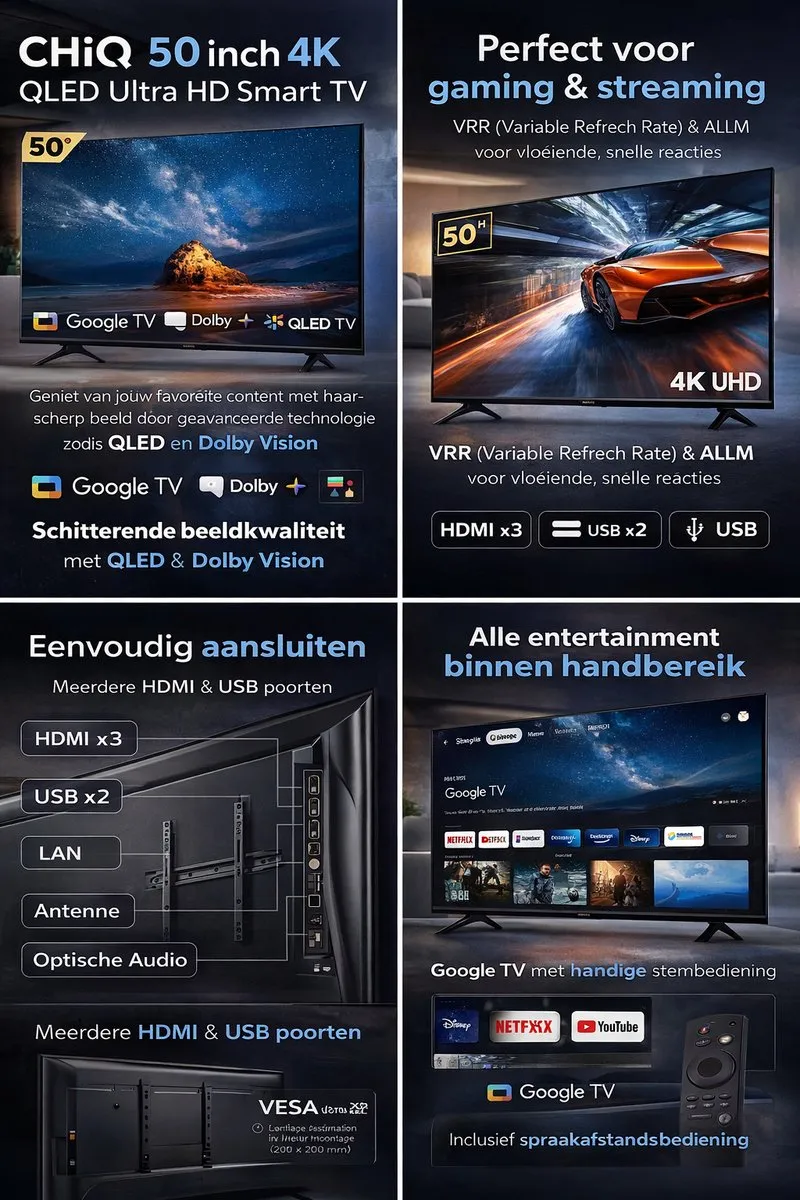 CHiQ U50QM10E 50 inch QLED 4K Smart TV - Dolby Vision & Audio - Zwart