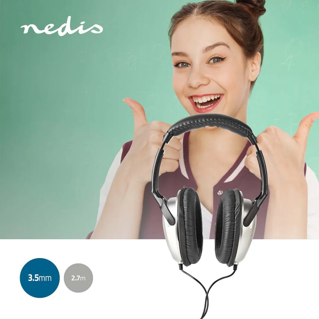Nedis HPWD1200BK Over-ear Koptelefoon - 2.7m - Zilver/Zwart