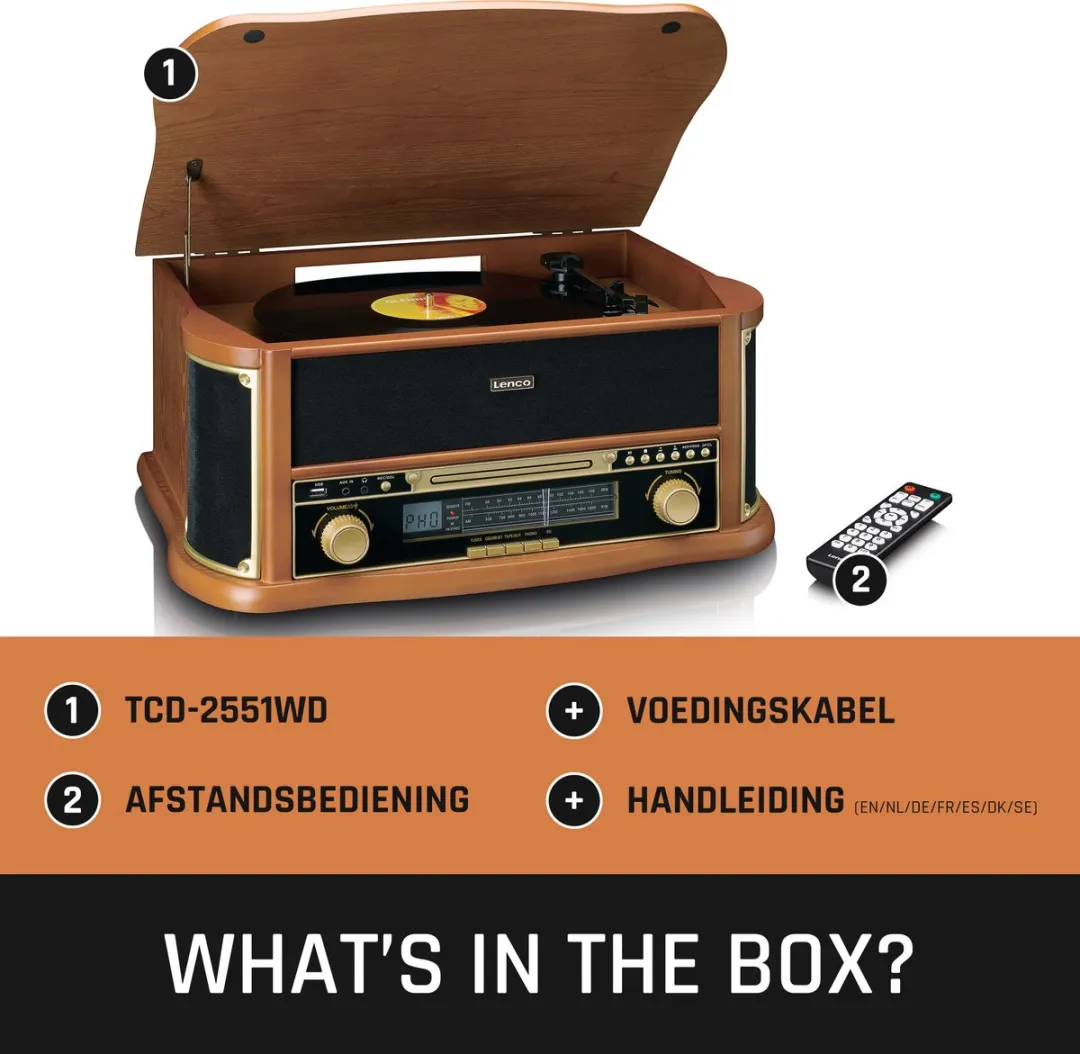 Lenco Classic Phono TCD-2551WD Platenspeler - Bluetooth - Radio/CD/Cassette - Hout