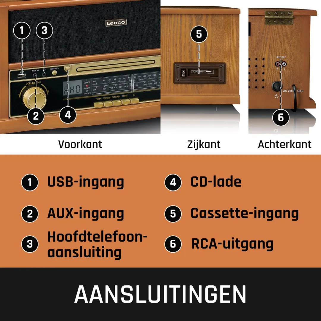 Lenco Classic Phono TCD-2551WD Platenspeler - Bluetooth - Radio/CD/Cassette - Hout