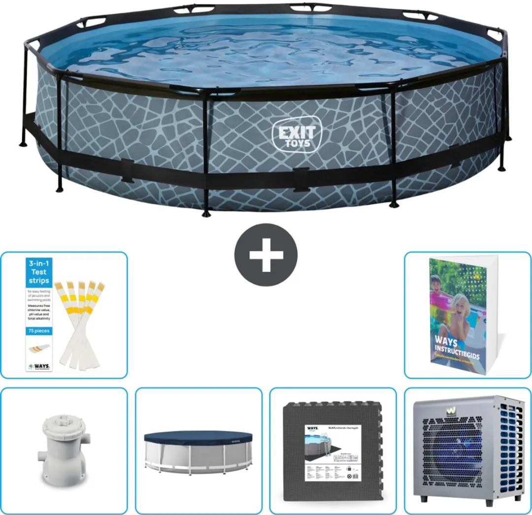 EXIT Rond Stone Frame Zwembad - 360 x 76 cm - Inclusief Pomp Afdekzeil - Vloertegels - Warmtepomp - 7-delig