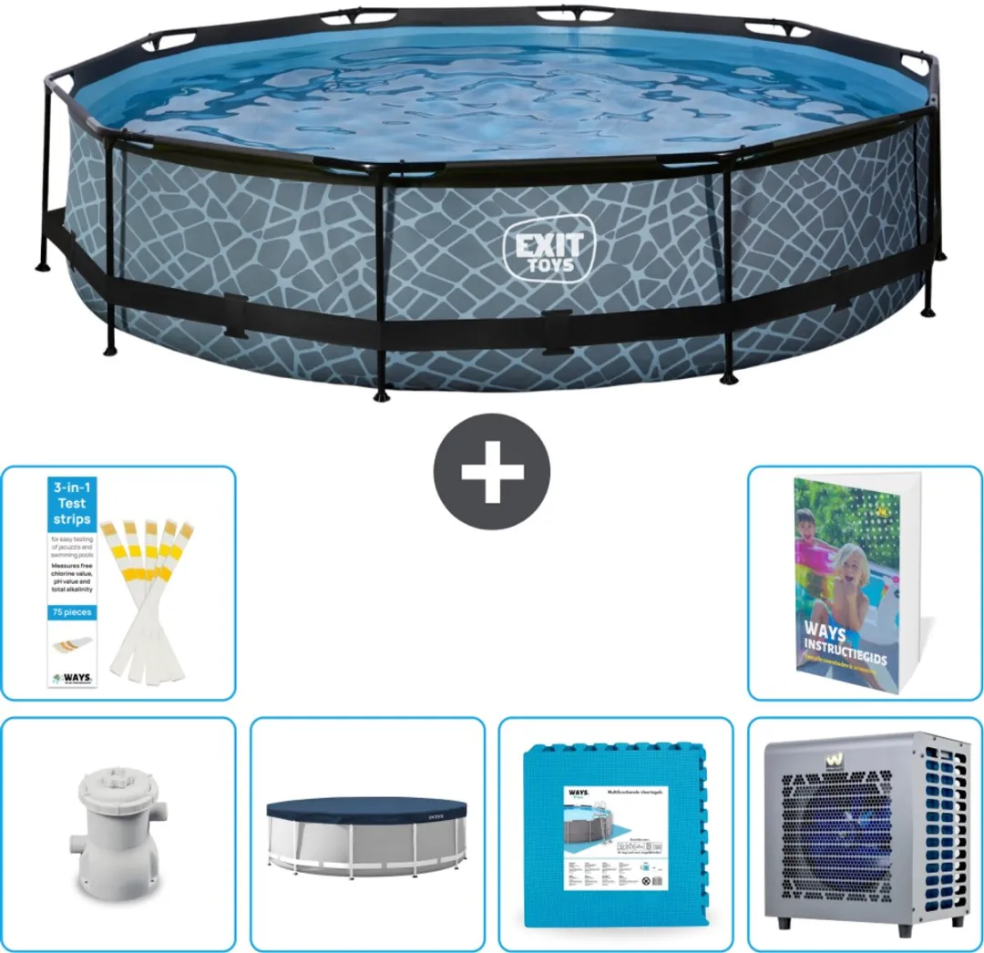 EXIT Rond Stone Frame Zwembad - 360 x 76 cm - Inclusief Pomp Afdekzeil - Vloertegels - Warmtepomp - 7-delig
