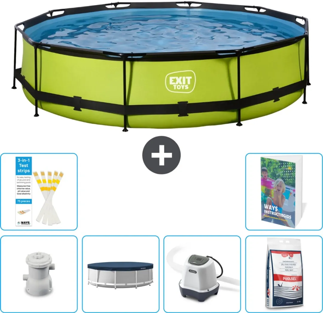 EXIT Rond Lime Frame Zwembad - 360 x 76 cm - Inclusief Pomp Afdekzeil - Zoutwatersysteem - Zwembadzout - 7-delig