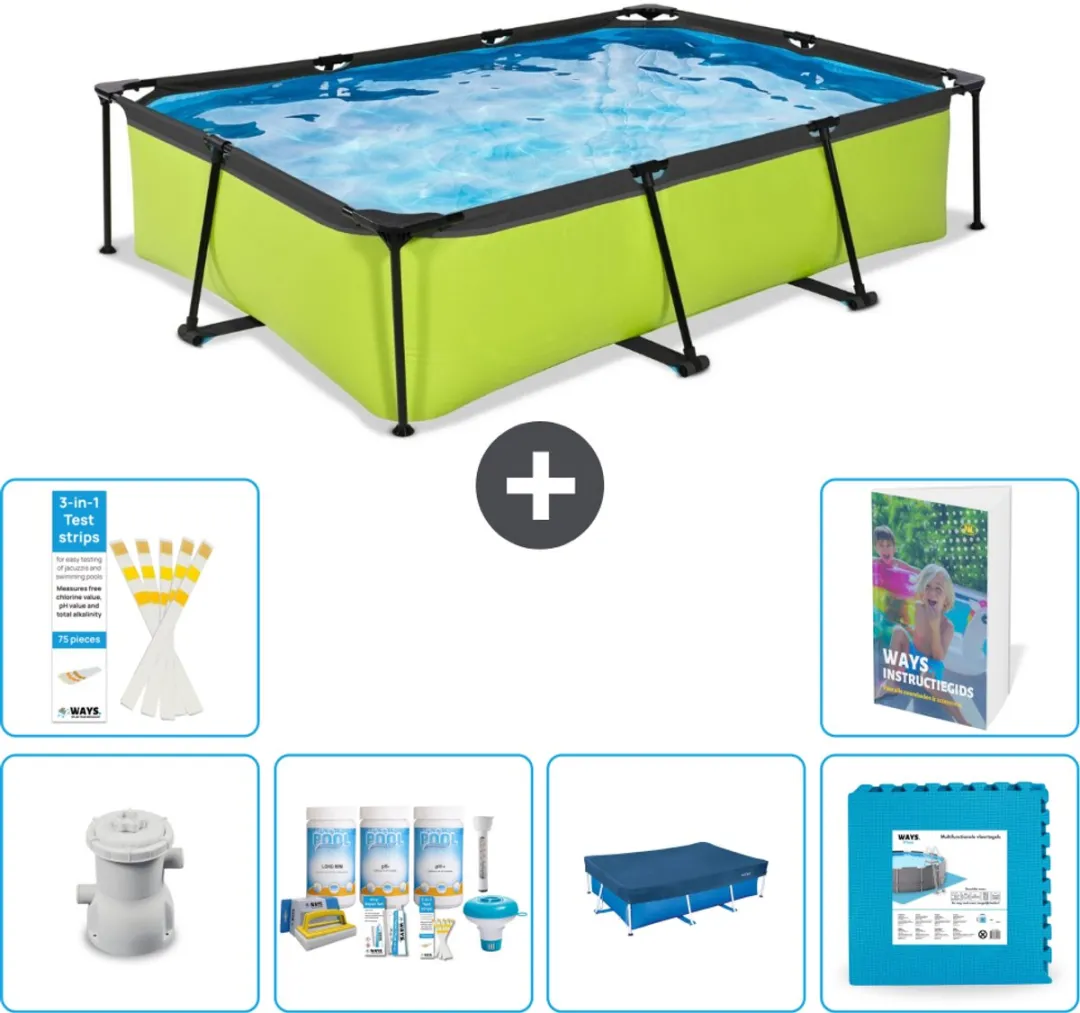 EXIT Rechthoekig Lime Frame Zwembad - 300 x 200 x 65 cm - Inclusief Pomp Onderhoudspakket - Afdekzeil - Vloertegels - 7-delig