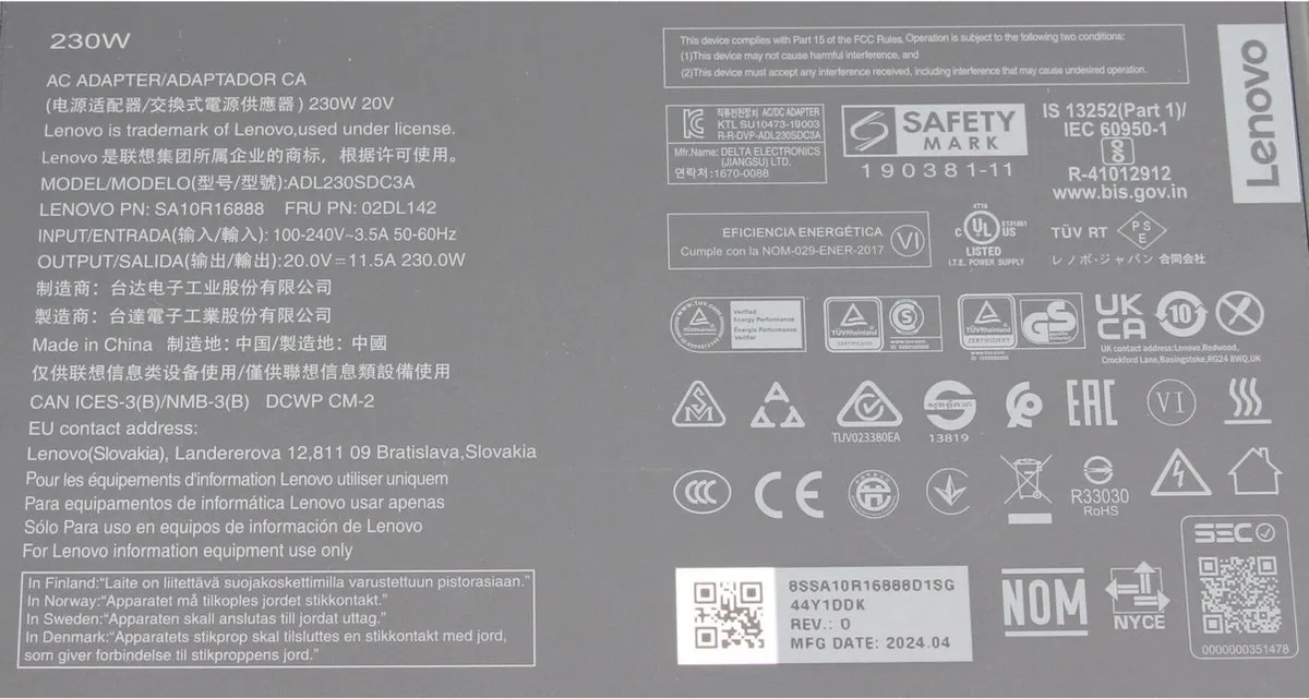 Lenovo 02DL142 Oplader 230W - Zwart