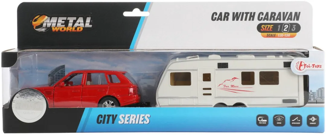 Toi-Toys Metal Pull-back Auto met Caravan 1:48 - Blauw