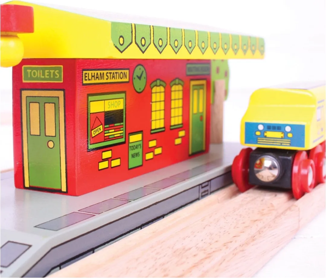 BIGJIGS Houten Dubbelzijdig Station BJT190 - Treinbaan Accessoire - 2 Stuks - Multi
