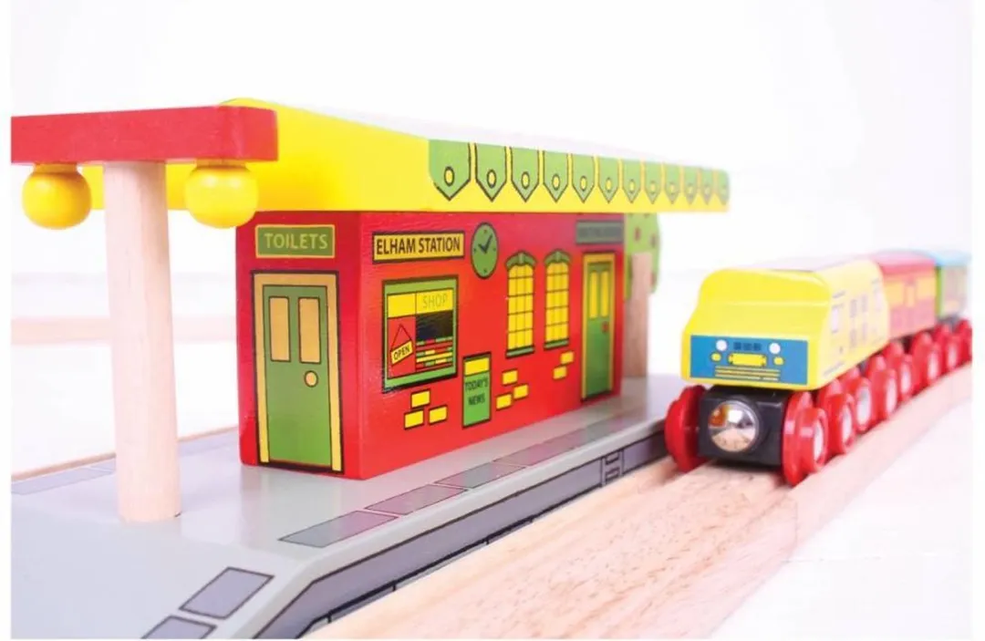 BIGJIGS Houten Dubbelzijdig Station BJT190 - Treinbaan Accessoire - 2 Stuks - Multi