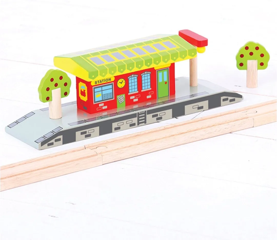 BIGJIGS Houten Dubbelzijdig Station BJT190 - Treinbaan Accessoire - 2 Stuks - Multi