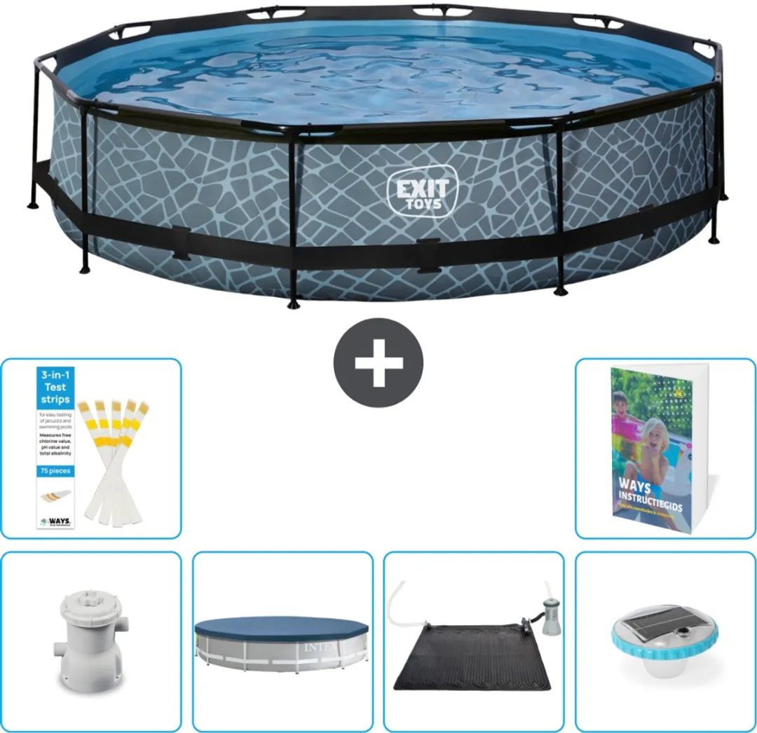 EXIT Rond Stone Frame Zwembad - 360 x 76 cm - Inclusief Pomp Afdekzeil - Solar Mat - Verlichting - 7-delig