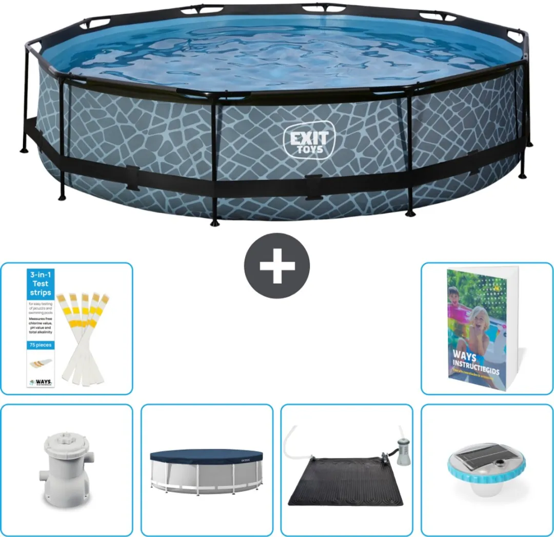 EXIT Rond Stone Frame Zwembad - 360 x 76 cm - Inclusief Pomp Afdekzeil - Solar Mat - Verlichting - 7-delig