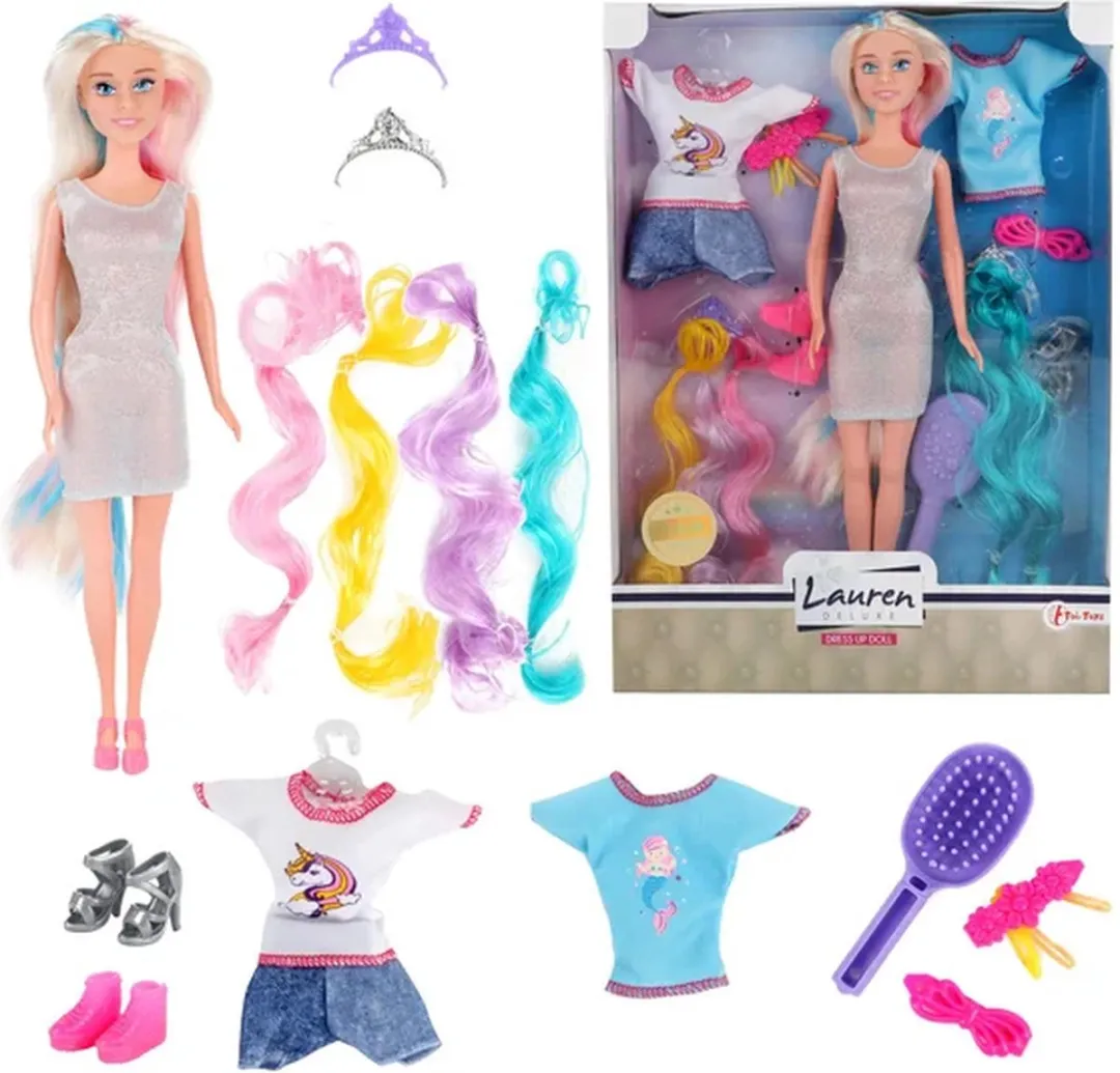 Toi-Toys Lauren Pop met Hairextensions & Outfits - Multi kleuren