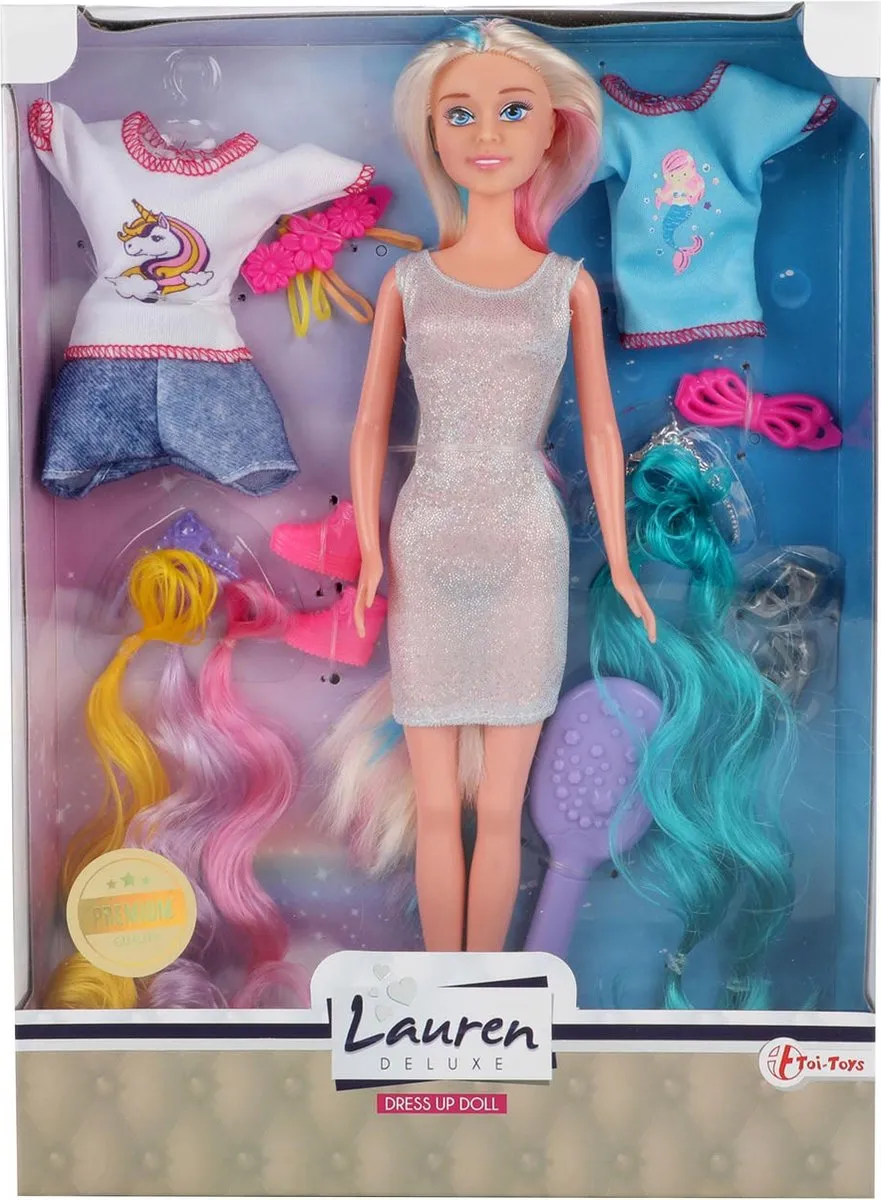 Toi-Toys Lauren Pop met Hairextensions & Outfits - Multi kleuren
