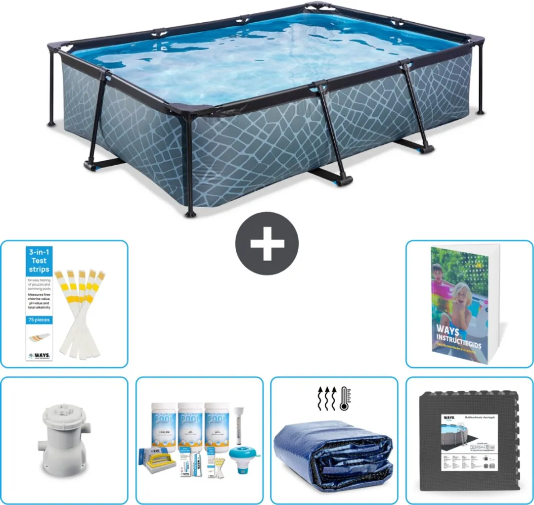 EXIT Rechthoekig Stone Frame Zwembad - 300 x 200 x 65 cm - Inclusief Pomp Onderhoudspakket - Solarzeil - Vloertegels - 7-delig