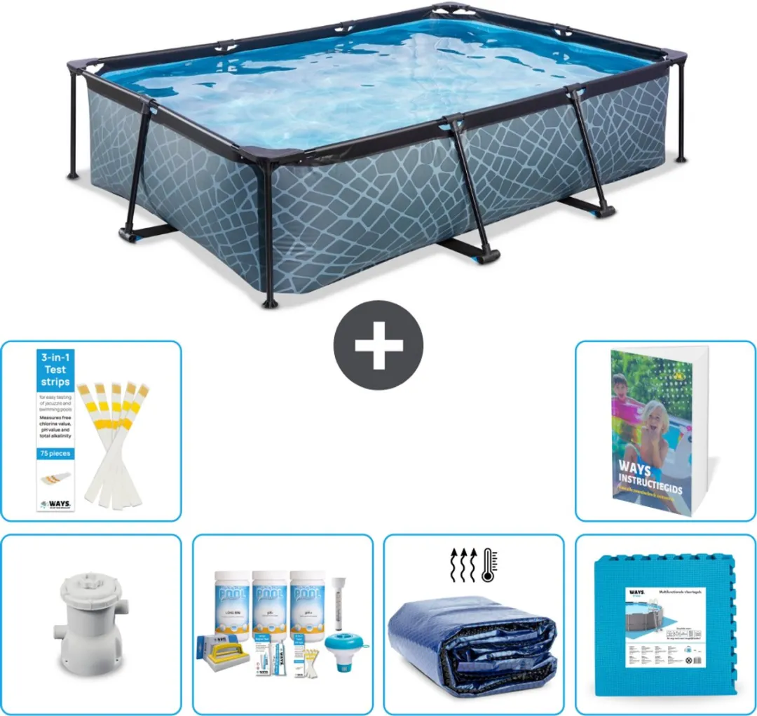EXIT Rechthoekig Stone Frame Zwembad - 300 x 200 x 65 cm - Inclusief Pomp Onderhoudspakket - Solarzeil - Vloertegels - 7-delig