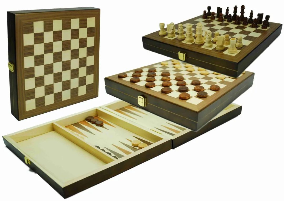 HOT Games Schaak-Dam-Backgammon Klapcassette Hout 29x29cm