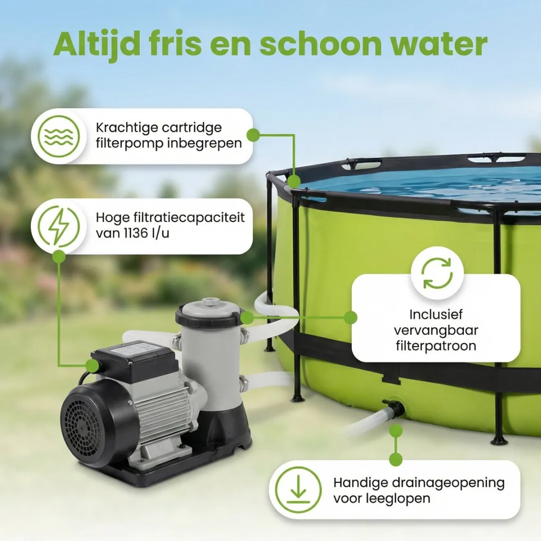 EXIT Rond Lime Frame Zwembad - 360 x 76 cm - Inclusief Pomp Afdekzeil - Solar Mat - Verlichting - 7-delig