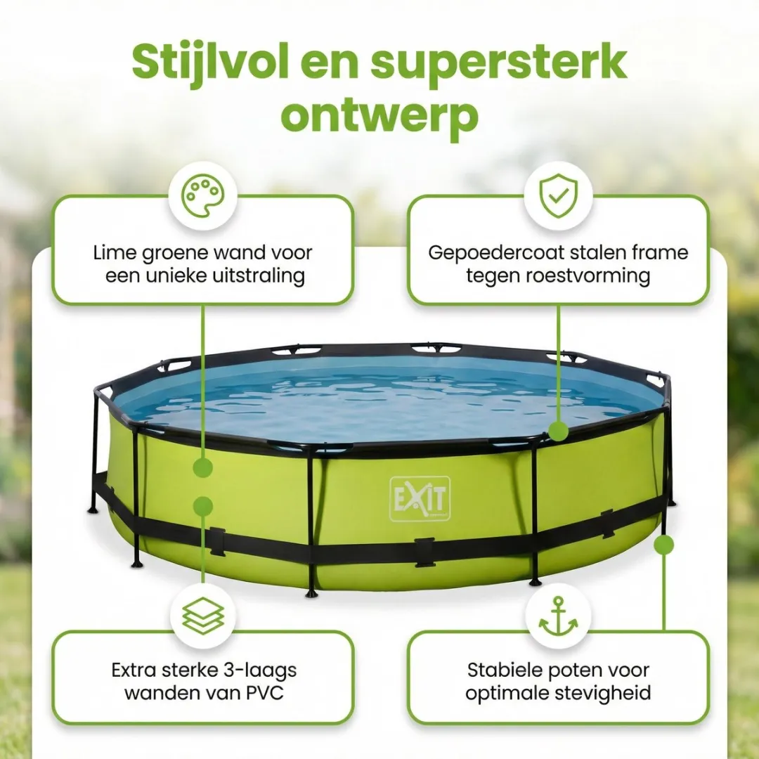 EXIT Rond Lime Frame Zwembad - 360 x 76 cm - Inclusief Pomp Afdekzeil - Solar Mat - Verlichting - 7-delig