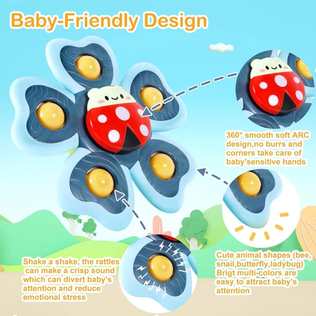EverToys Zuignap Spinners - 4x stuks - Motoriek speelgoed Baby - Badeendjes - Badboekje - Kinderstoel Speeltje - Badspeeltjes- Fidget Spinner - Badspeelgoed - Badspinners - Vlinders