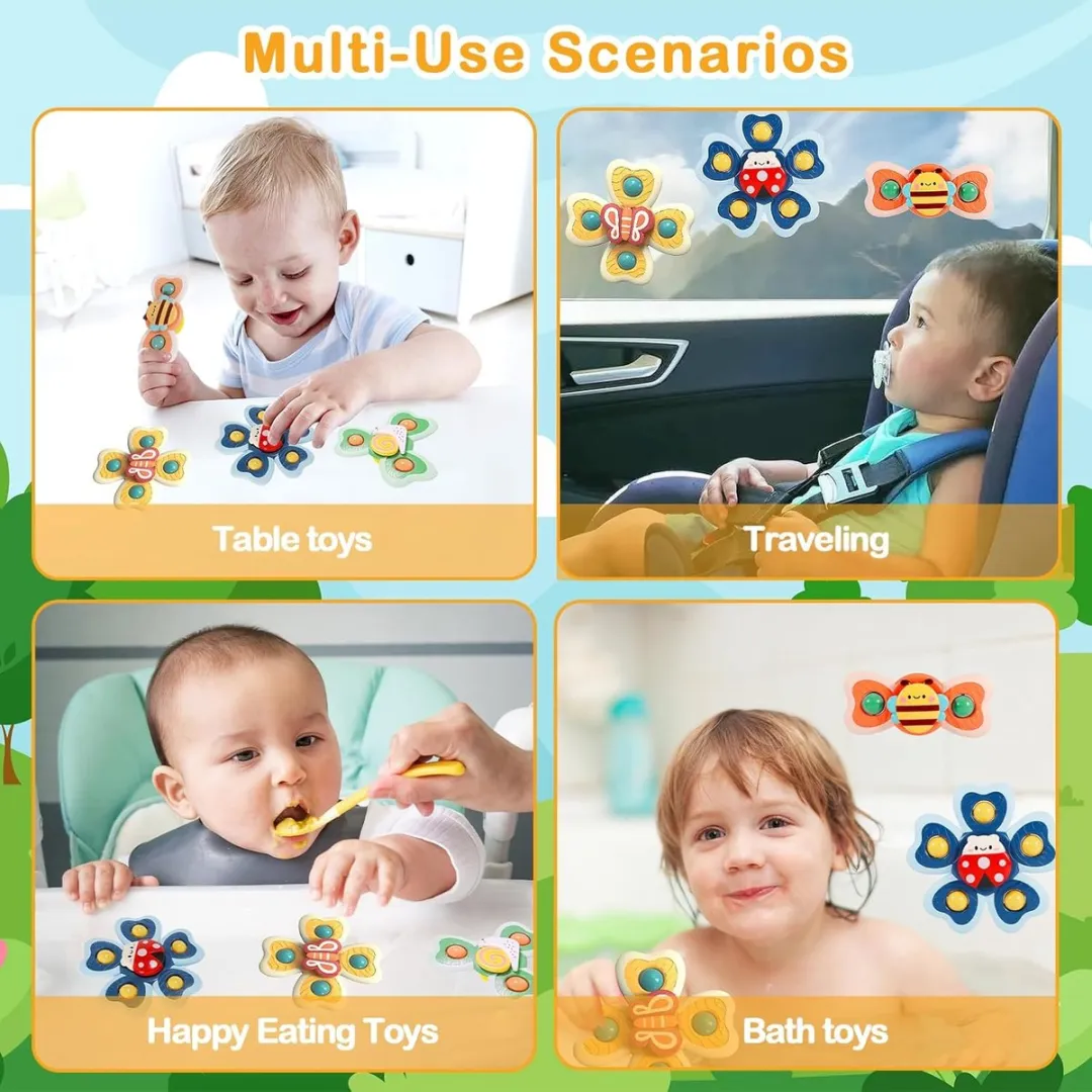 EverToys Zuignap Spinners - 4x stuks - Motoriek speelgoed Baby - Badeendjes - Badboekje - Kinderstoel Speeltje - Badspeeltjes- Fidget Spinner - Badspeelgoed - Badspinners - Vlinders