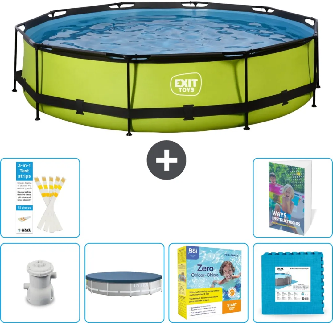EXIT Rond Lime Frame Zwembad - 360 x 76 cm - Inclusief Pomp Afdekzeil - Onderhoudspakket - Vloertegels - 7-delig