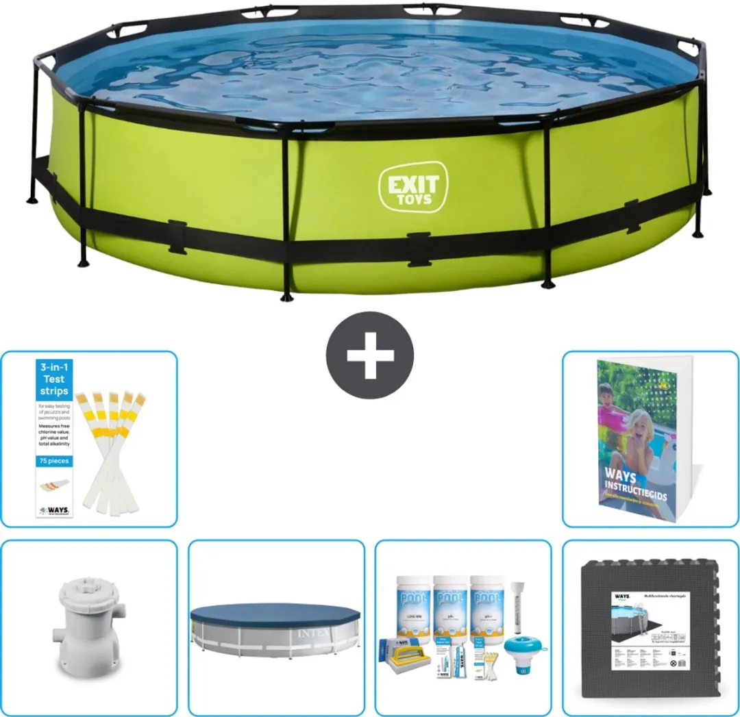 EXIT Rond Lime Frame Zwembad - 360 x 76 cm - Inclusief Pomp Afdekzeil - Onderhoudspakket - Vloertegels - 7-delig