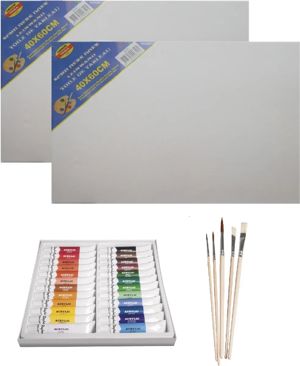 Rayher Acrylverfset 24x12ml + 2x Doeken 40x60cm + 5x Kwasten