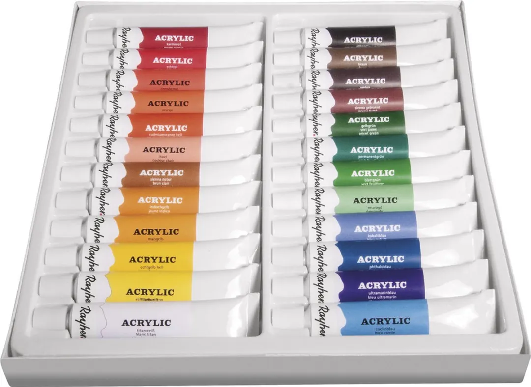 Rayher Acrylverfset 24x12ml + 2x Doeken 40x60cm + 5x Kwasten - Basiskleuren