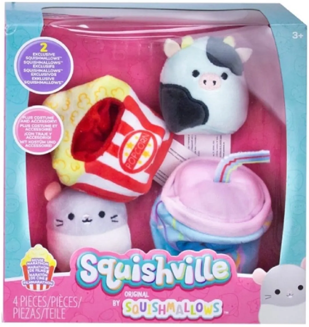 Movie Marathon Squishville Squishmallows Pluche Knuffel (4 delig) 20 cm - Squishy Kawaii Knuffels Kussen - Speelgoed voor Kinderen Jongens Meisjes