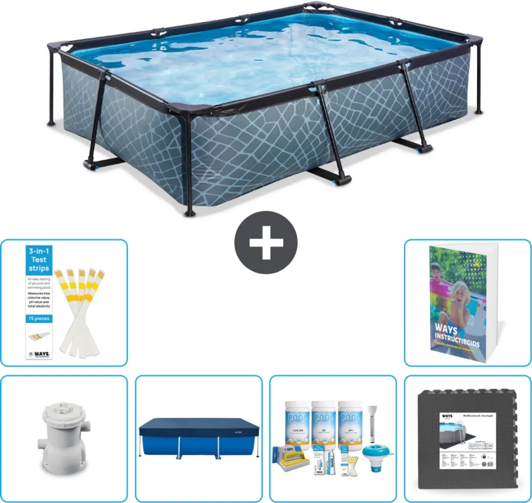 EXIT Rechthoekig Stone Frame Zwembad - 300 x 200 x 65 cm - Inclusief Pomp Afdekzeil - Onderhoudspakket - Vloertegels - 7-delig
